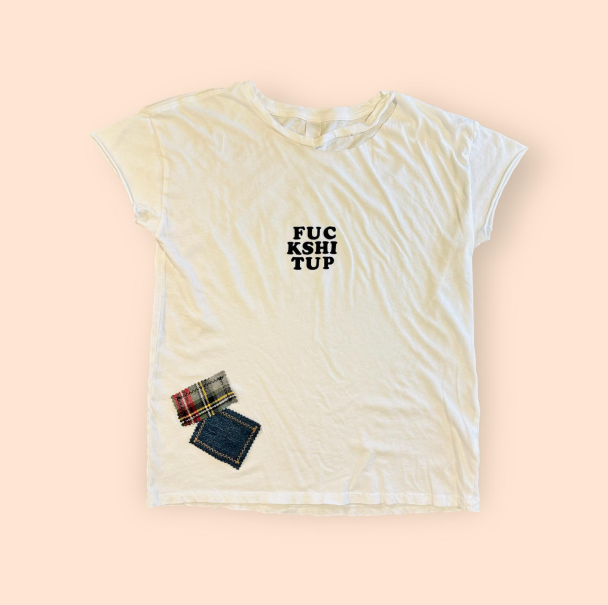 Distressed Neck “Fuc Kshi Tup” Tee with patches